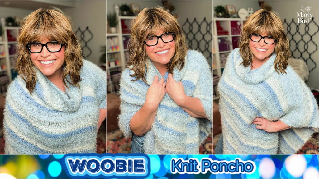 Woman models a soft, blue-and-white striped knit poncho, showing its drape and textured stitches in three different poses.