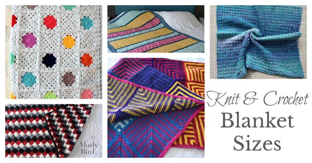 A vibrant collage showcasing a variety of knit and crochet blankets by Marly Bird, featuring different sizes and patterns including colorful granny squares, textured stripes, bold chevrons, and classic mosaic styles, all representing the diverse creativity in yarn crafts. - marly bird