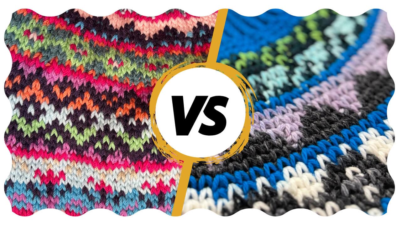 Close-up comparison of knit and crochet versions of the same pattern, divided by a "VS" sign; the left side features bright, intricate designs, while the right shows wider, striped patterns in cooler tones. -Marly Bird
