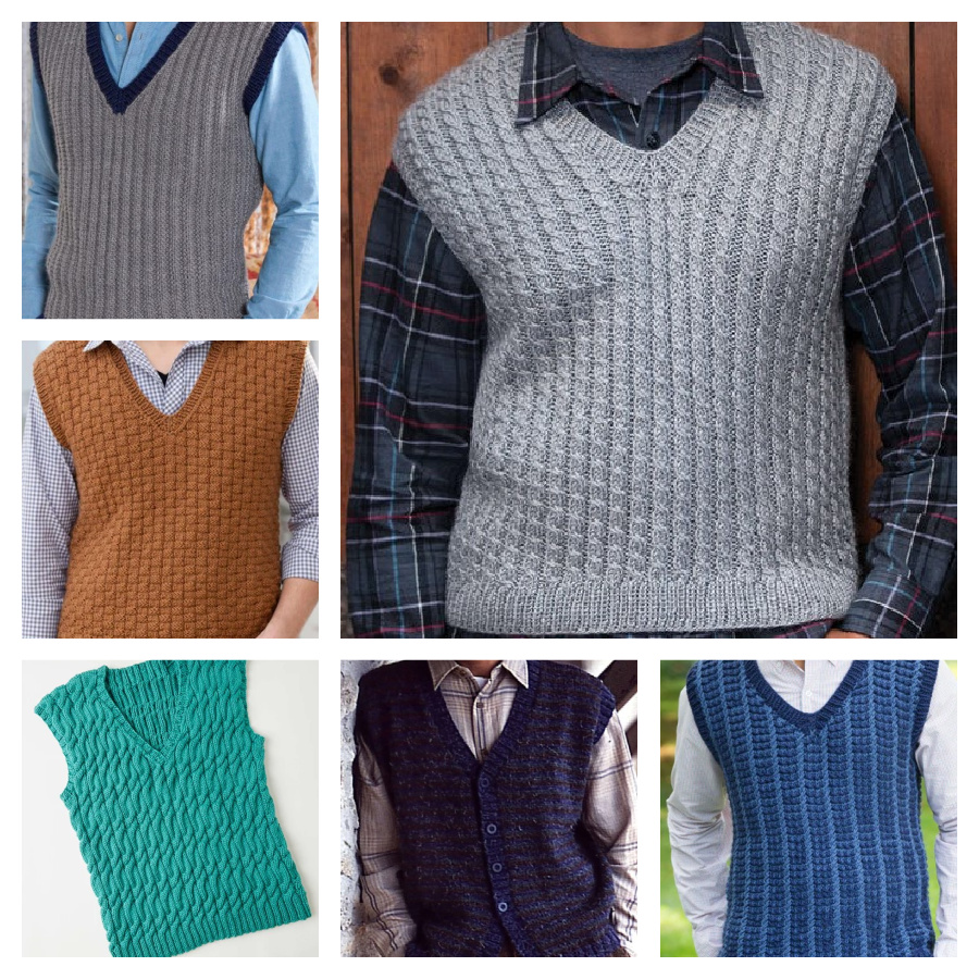 Collage of 6 men's knit vests. Marly Bird