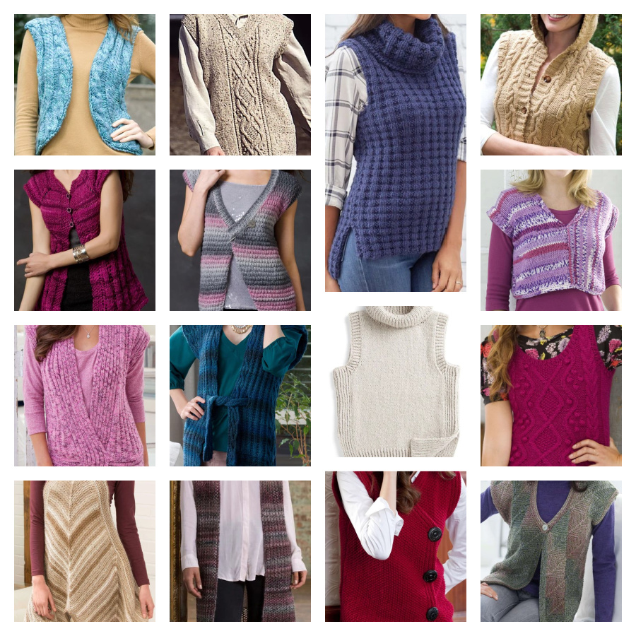 Collage of 15 women's knit vets patterns available through links on this page. Marly Bird