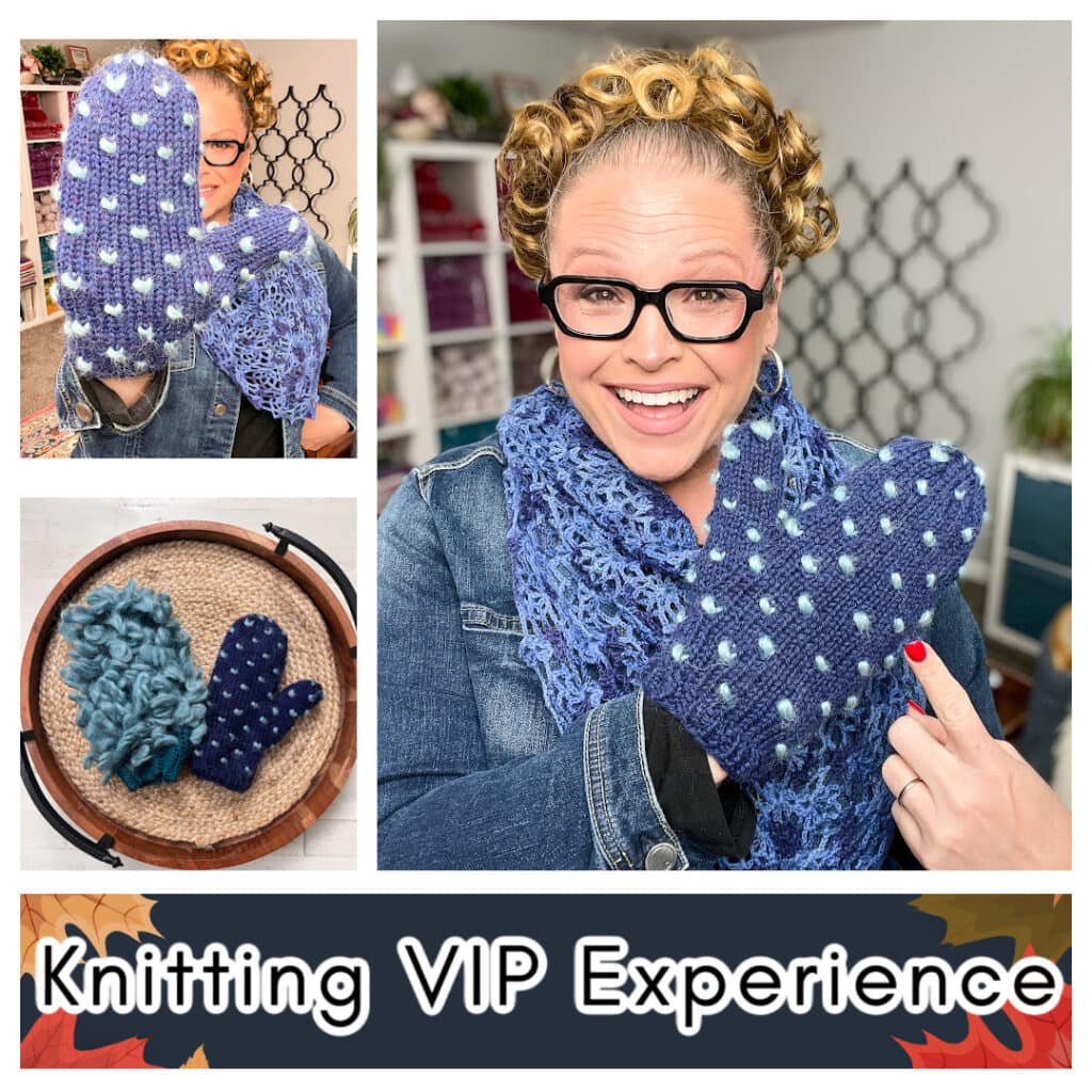 A smiling person with glasses and curly hair shows off a blue knit mitten with white polka dots. The collage also features the mittens, blue yarn, and highlights the First Fall 2025 Knit and Crochet Make-Along on a leafy background. -Marly Bird