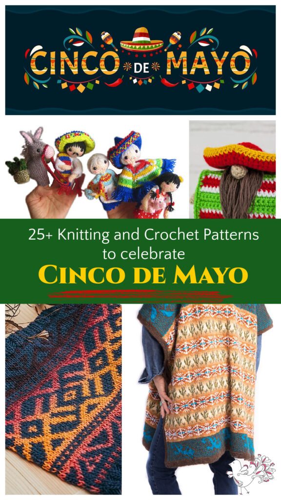 Cinco de Mayo banner with quadrant of 4 images, top left is a image of mexican family finger puppets, top right is an image of a sombrero wearing hombre stuffie, bottom left is a colorful desert cowl, bottom right is a colorful southwestern sarape style ruana on a woman - Marly Bird