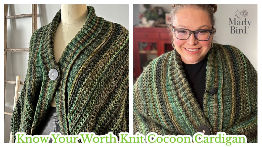 Know Your Worth Knit Cocoon Cardigan by Marly Bird. Collage of two images showing the knit sweater on Marly and on a mannequin