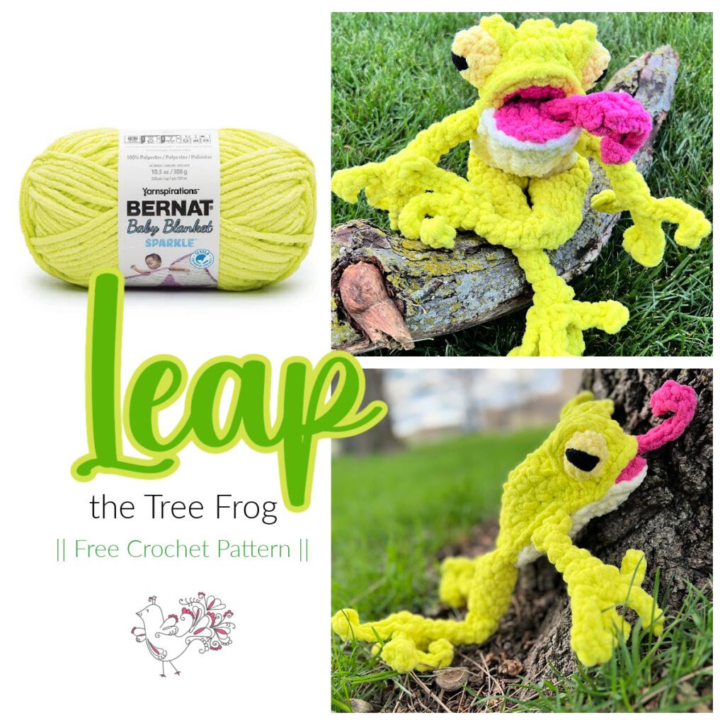 Two images of a crocheted tree frog made from BERNAT Baby Blanket SPARKLE yarn. One frog is perched on a branch with its tongue out. Another lies on its back in the grass, showcasing this adorable Tree Frog Stuffie. Text reads "Leap the Tree Frog || Free Crochet Pattern ||". -Marly Bird