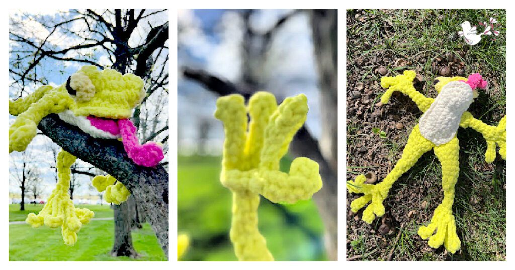 Three images of Leap the Tree Frog outdoors. Left: Frog draped casually over a tree branch. Center: Close-up of one of the frog's hand crocheted details. Right: Frog laying flat on the ground among grass and leaves with a pink and white crochet bow on its head. -Marly Bird