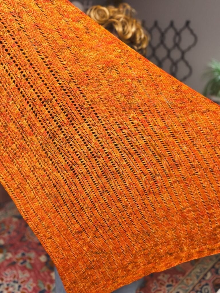 Bright orange lace shawl with intricate stitchwork, outstretched indoors, plant and patterned rug visible in the background.