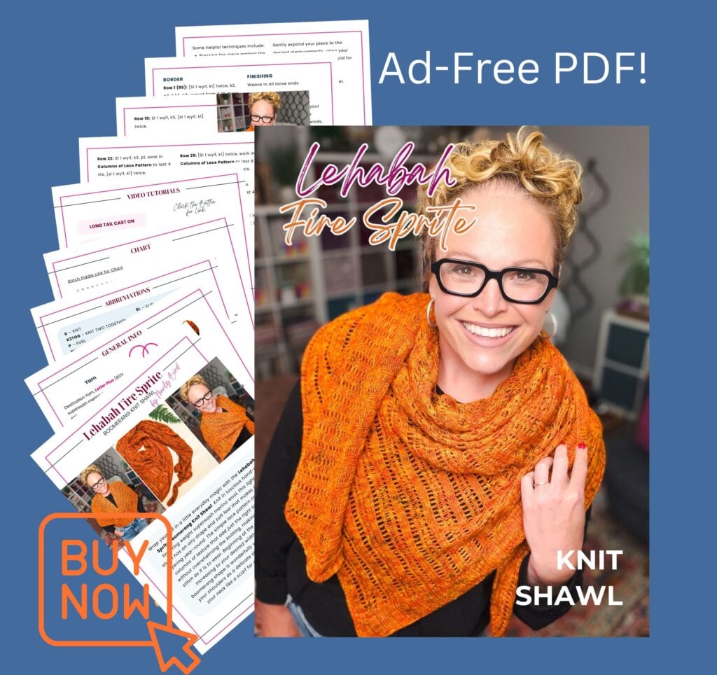 A woman wears an orange knit shawl with visible stitch detail; pattern preview pages and a “Buy Now” button shown.