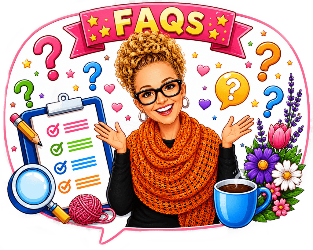 Woman models a hand-knit shawl with visible textured stitches; surrounded by crafting icons and pattern elements.
