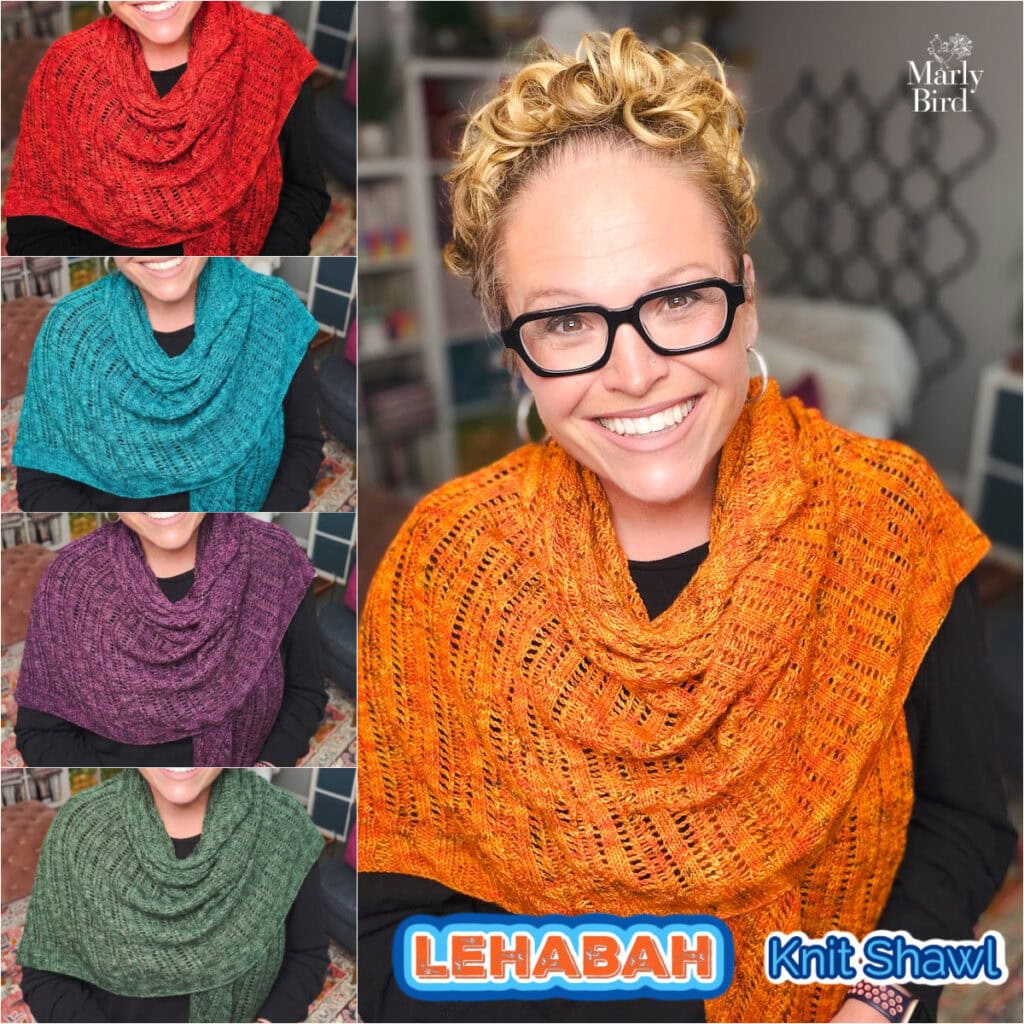 Person models a bright orange knit Lehabah shawl; smaller photos show the same shawl pattern in red, teal, purple, and green.