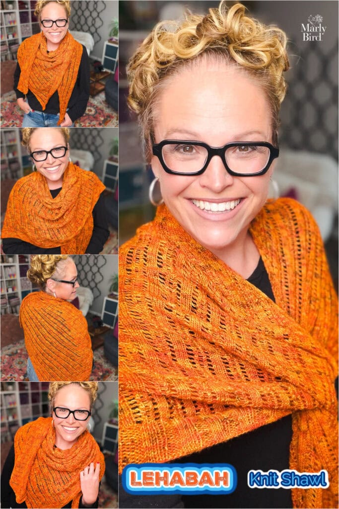 A woman models an orange knitted shawl with fire-inspired details; close-ups highlight intricate stitch patterns and texture.