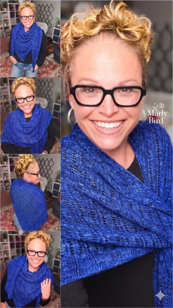 Marly Bird wears a bright blue textured knit shawl with intricate patterns, highlighting the Lehabah Fire Sprite Shawl design.