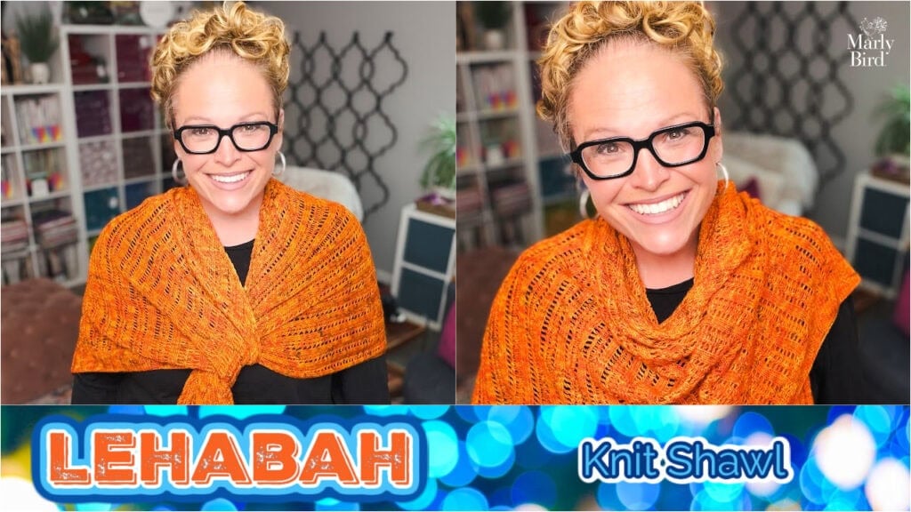 Vibrant orange knit shawl with intricate stitch detail shown in two poses, modeled indoors; text: "LEHABAH.