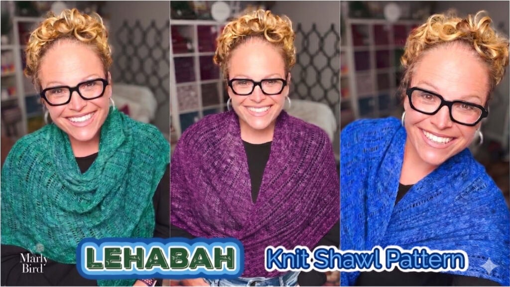 The Lehabah Fire Sprite Shawl in green, purple, and blue features bold colorwork and textured stitches.
