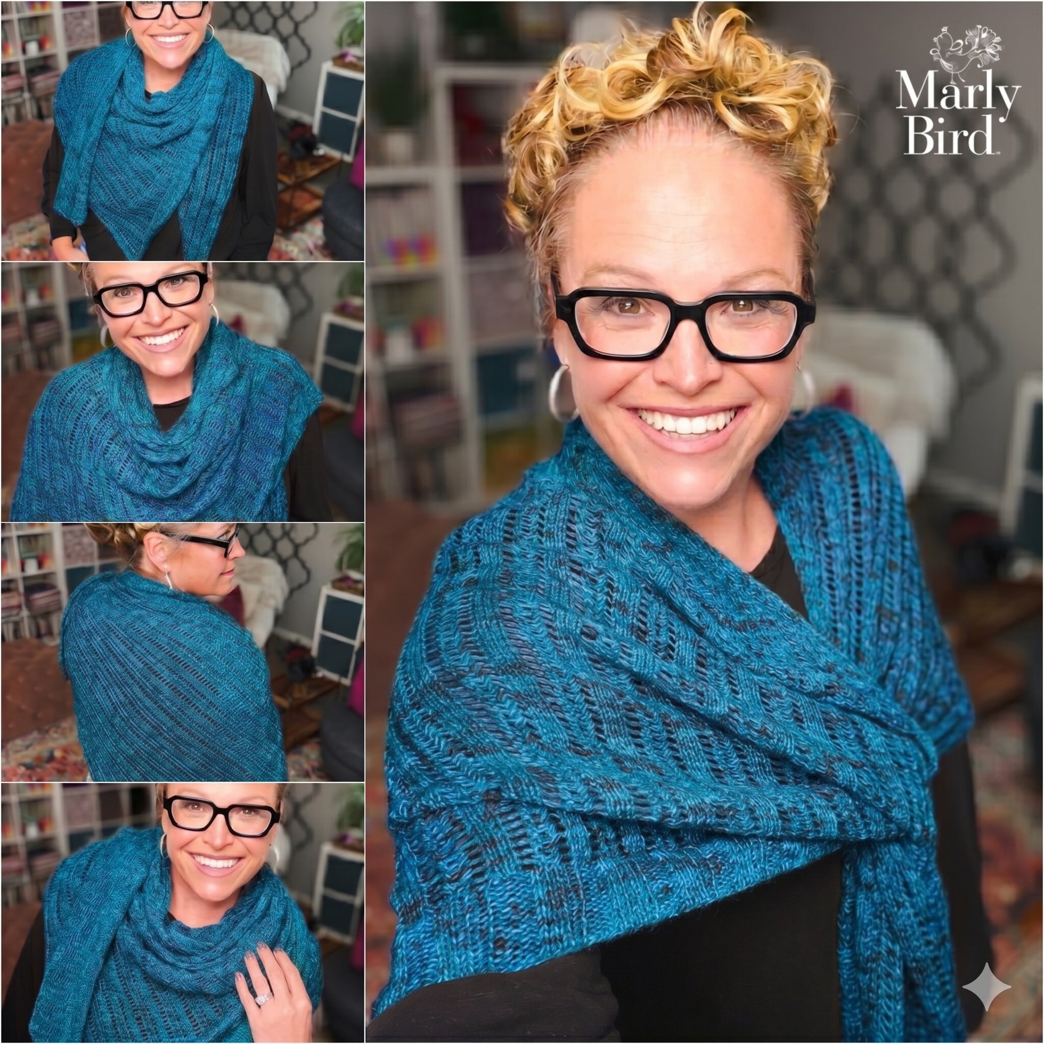 A person wears the Lehabah Fire Sprite Shawl, a large knit wrap in blue with rich texture and subtle stitch detailing.
