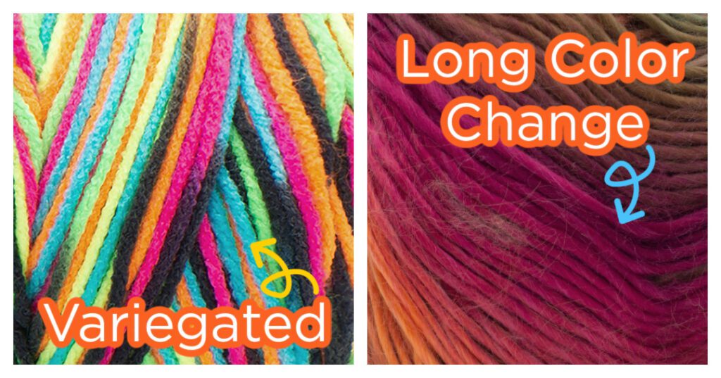 Long Color Changing yarn vs Variegated yarn - Marly Bird. Long color change yarn to right in shades of taupe and deep pink through orange. Variegated on left with colors: pink, orange, turquoise, yellow, lime, dark brown.