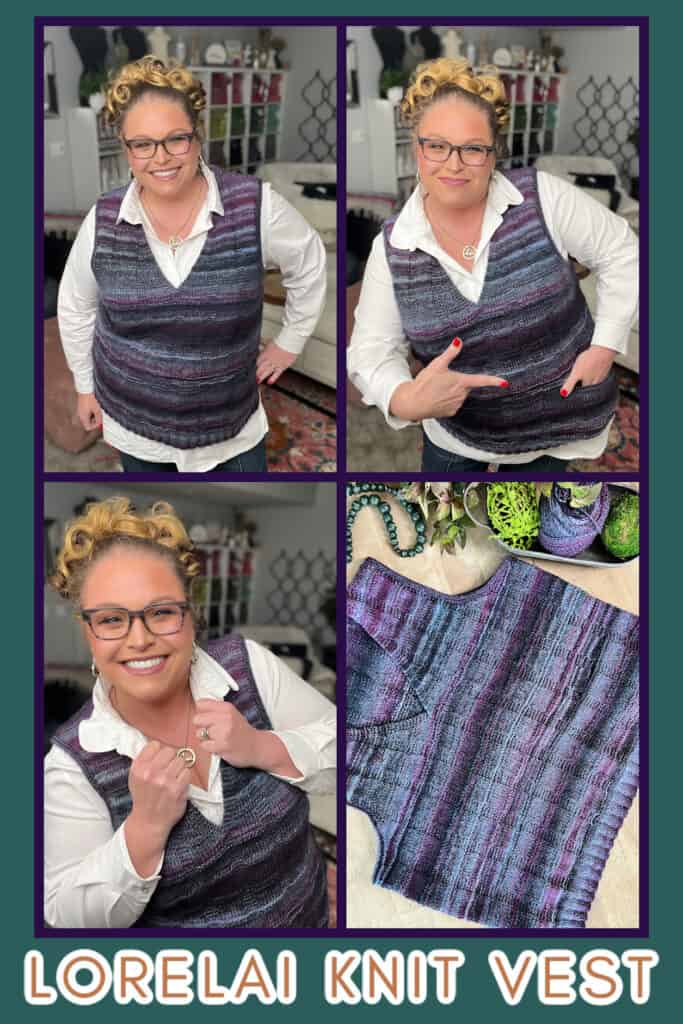 A collage features a person striking various poses in a vibrant, multicolored Lorelai Knit Vest layered over a crisp white shirt. The bottom right reveals the vest laid flat. Text reads "Lorelai Knit Vest." Knitting supplies adorn the background, enhancing the cozy vibe. -Marly Bird