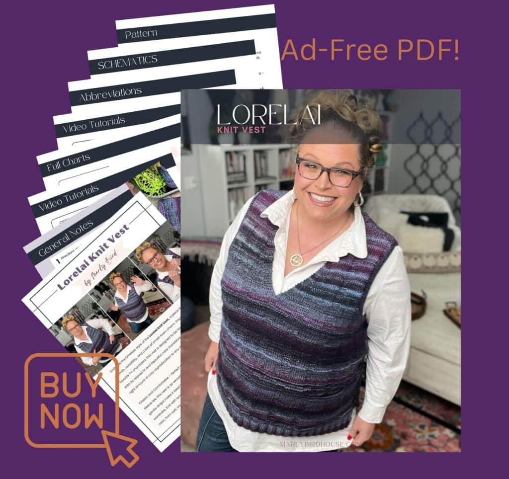 Smiling woman wears a striped knit vest over a white shirt. Behind her, sample pattern pages are fanned out. Text reads "Ad-Free PDF!" and "BUY NOW." Discover the Free Knit Vest pattern, titled "Lorelai Knit Vest. -Marly Bird