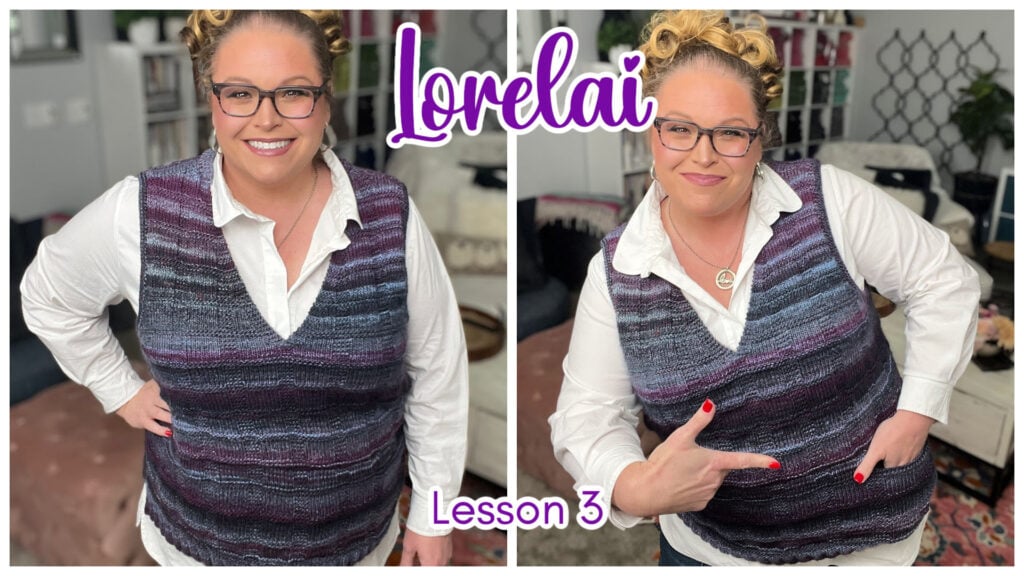 A woman with glasses and curly hair, wearing the Lorelai Knit Vest over a white shirt, smiles in two poses. “Lorelai” and “Lesson 3” are written in purple text. The background shows a cozy, decorated room hinting at a free knit vest pattern. -Marly Bird