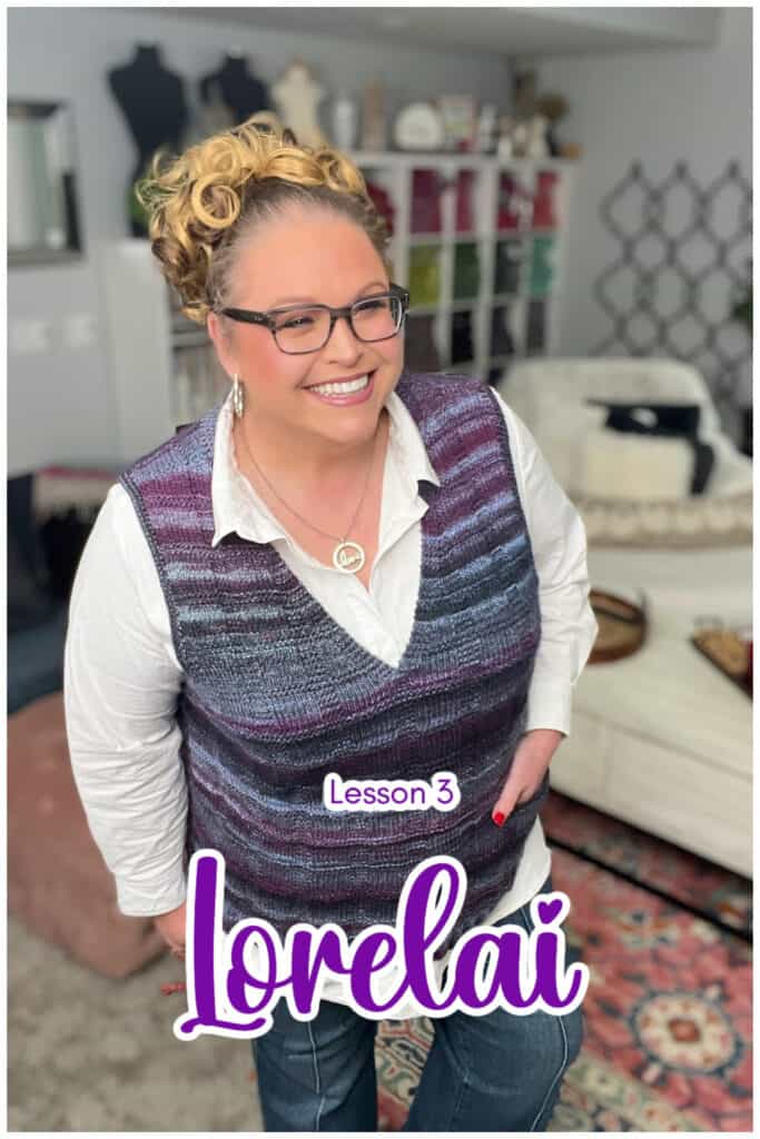 A smiling person with curly hair stands indoors, wearing glasses and a knitted vest with stylish pockets over a white shirt. Text overlay reads "Lesson 3 Lorelai." The background includes shelves and a sofa with cushions. -Marly Bird