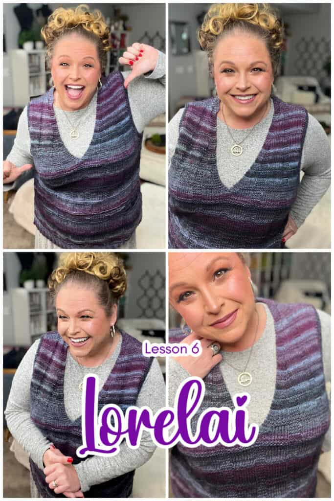 Collage of a smiling person with curly hair in a striped knit vest over a gray top, posing playfully in various ways. The text "Lesson 6 Lorelai" is elegantly overlaid at the bottom, adding polished finishing touches. -Marly Bird