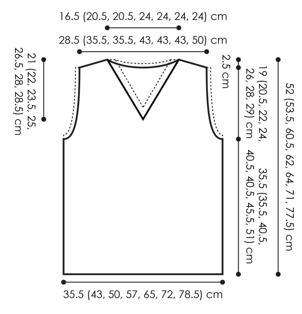 Diagram of a knit vest featuring a sleeveless V-neck design. Lines annotate width and length with precise measurements in centimeters, detailing gauge variations and ribbing depth across different sizes. -Marly Bird