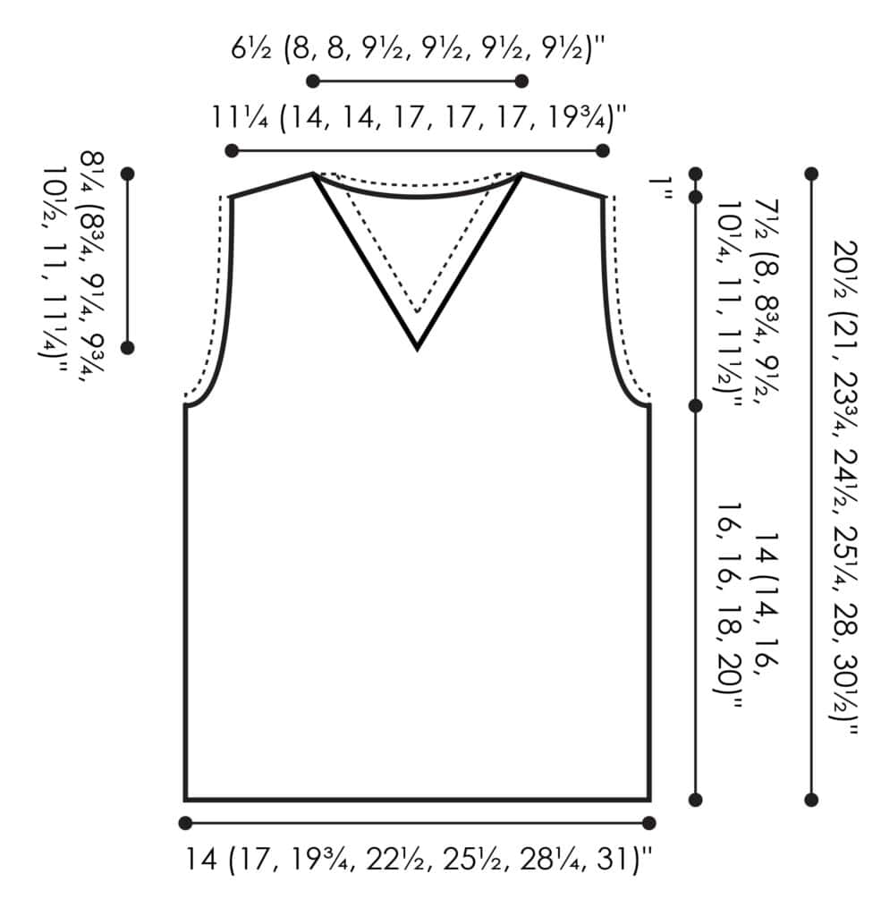 Detailed diagram of a V-neck sleeveless knit vest, showcasing measurements in inches and centimeters. Includes width, length, armhole, and neckline depth for sizes small to large. Each section highlights precise increments, perfect for accurate cast-on and ensuring the right gauge fit. -Marly Bird