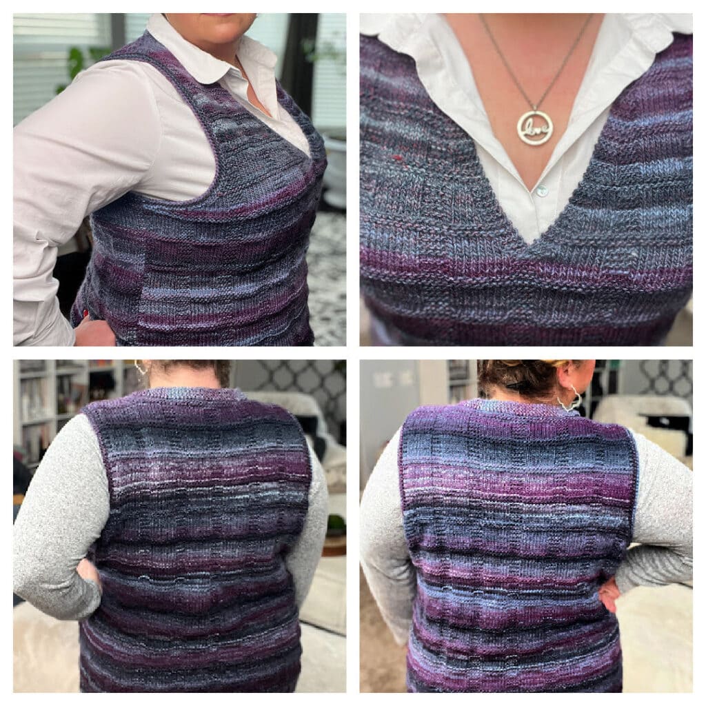 A collage of four photos shows a person wearing a hand-knit, purple and blue striped vest over a white shirt. Close-up and full views highlight the vest’s ribbed texture and V-neck design—perfect inspiration for free knitting and crochet patterns. -Marly Bird