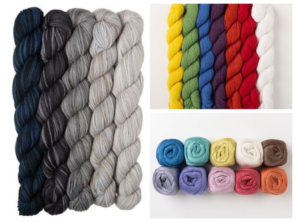 Fingering weight yarn in a rainbow of shades, and grayscale.