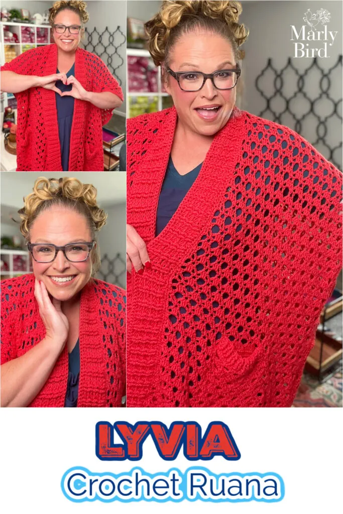 A woman models an oversized crochet cardigan with bold red yarn and chunky textured stitches.
