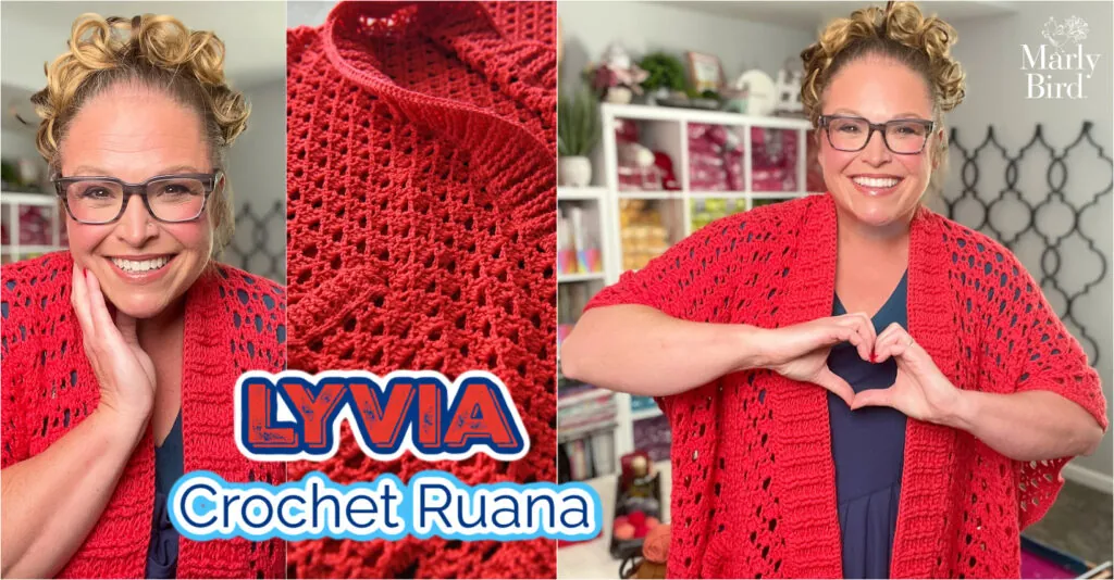 A woman models a hand-crocheted oversized cardigan in vibrant red, showcasing chunky textured stitches and relaxed fit.