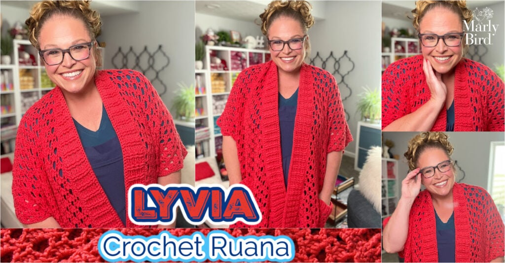 Woman models a vibrant red crochet ruana, showing drape and texture; bookshelves behind. "LYVIA Crochet Ruana" text shown.