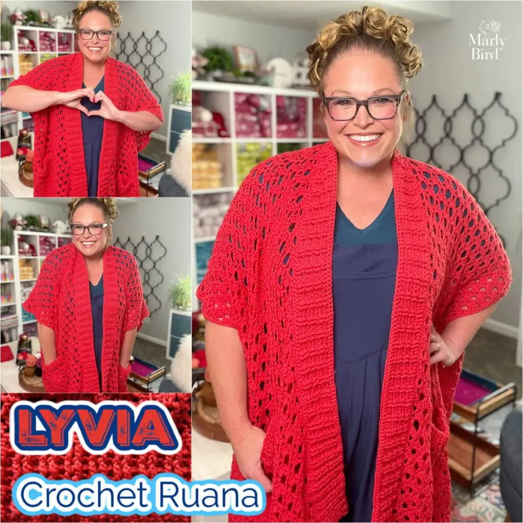 Woman models a red crochet ruana in a yarn-filled room, showing front and side views; visible stitch and drape detail.