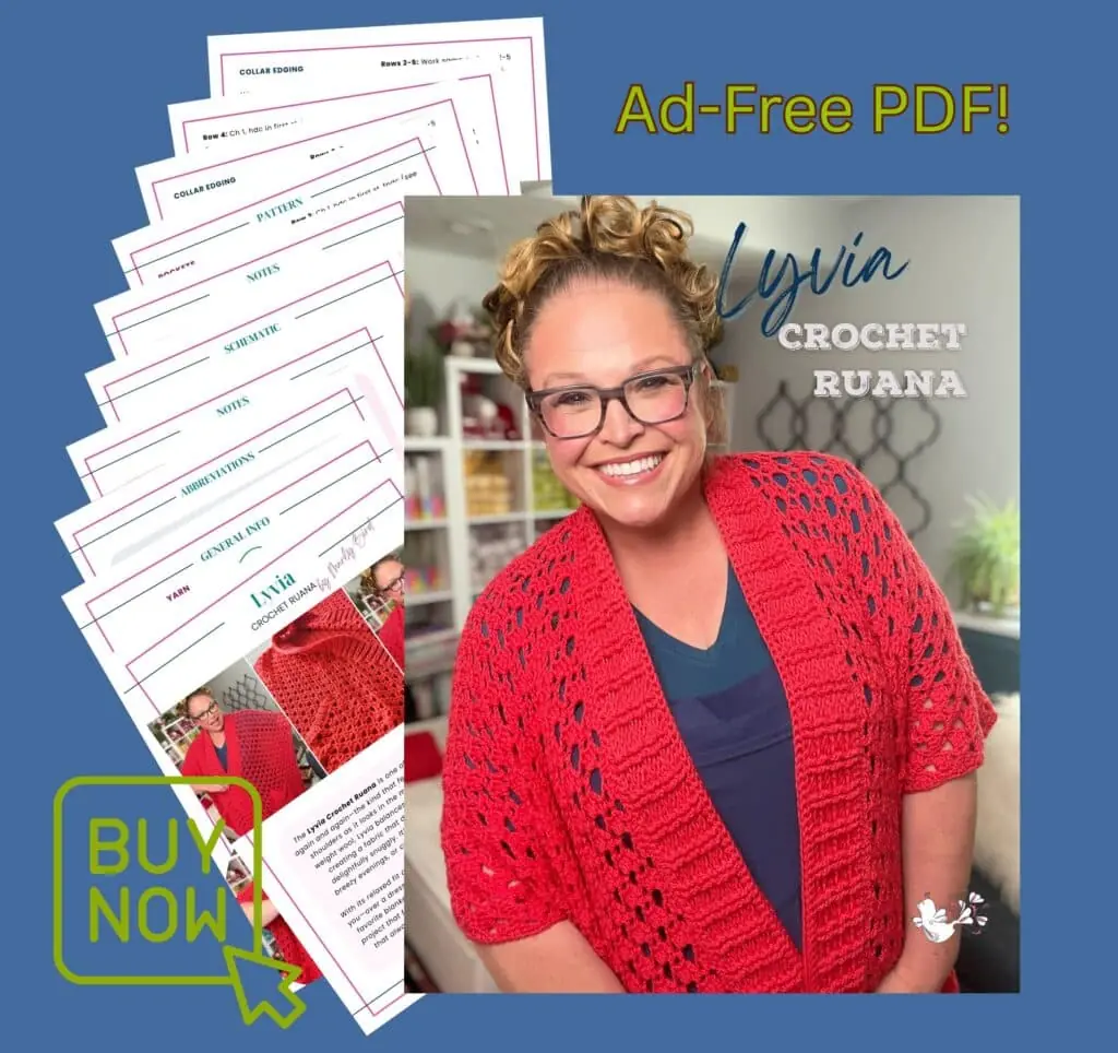 A woman wears a red crochet ruana with visible textured stitches; pattern pages are displayed on the left.