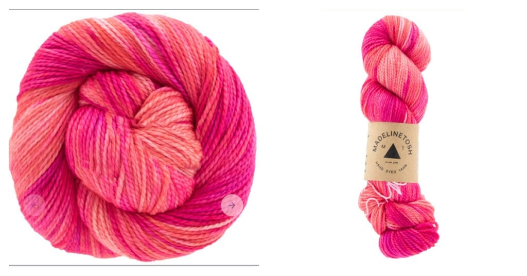 Bright pink, coral, and fuchsia yarn, shown unwrapped and wrapped with a MadelineTosh label, highlights its soft texture.