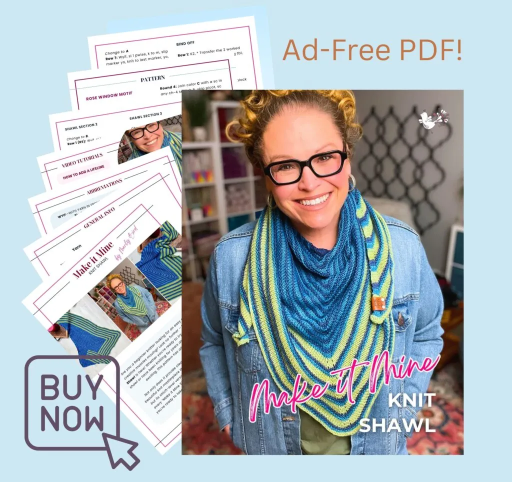 A smiling person wearing glasses and a striped blue and green Easy Knit Triangle Shawl stands in front of a wall with a heart decoration. The image promotes an ad-free PDF knitting pattern with pages fanned out beside a “Buy Now” button. -Marly Bird