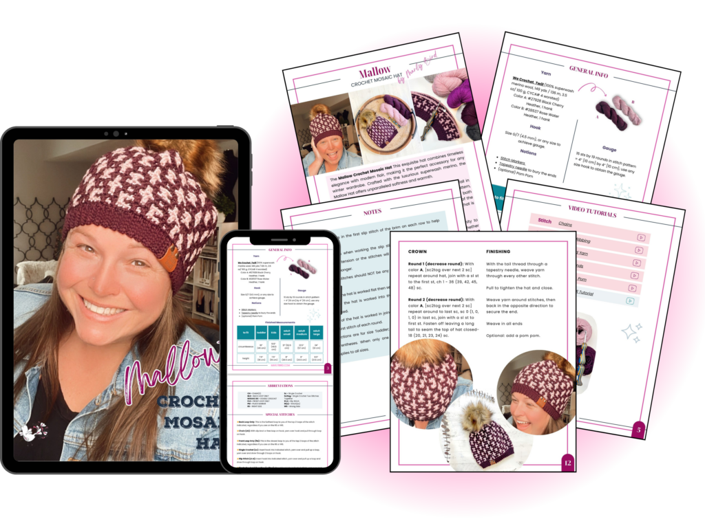 An instructional set for crocheting a mosaic crochet hat. The image includes a tablet and a phone displaying the guide, along with printed pages featuring instructions, images, and patterns. A woman wearing a completed mosaic hat graces the cover displayed on the devices. -Marly Bird