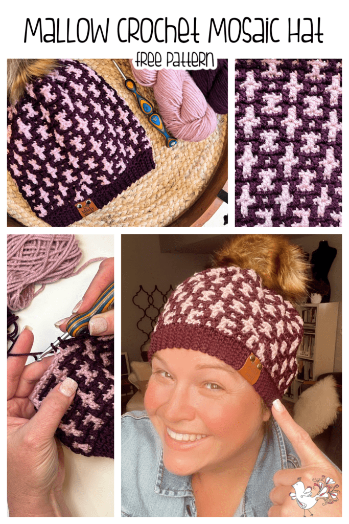 A promotional collage for a *free pattern* of the "Mallow *Mosaic Crochet Hat*." The collage features images of a purple and pink mosaic crochet hat with a fluffy pom-pom, vibrant yarn, a joyful person wearing the hat, and hands eagerly crocheting. -Marly Bird