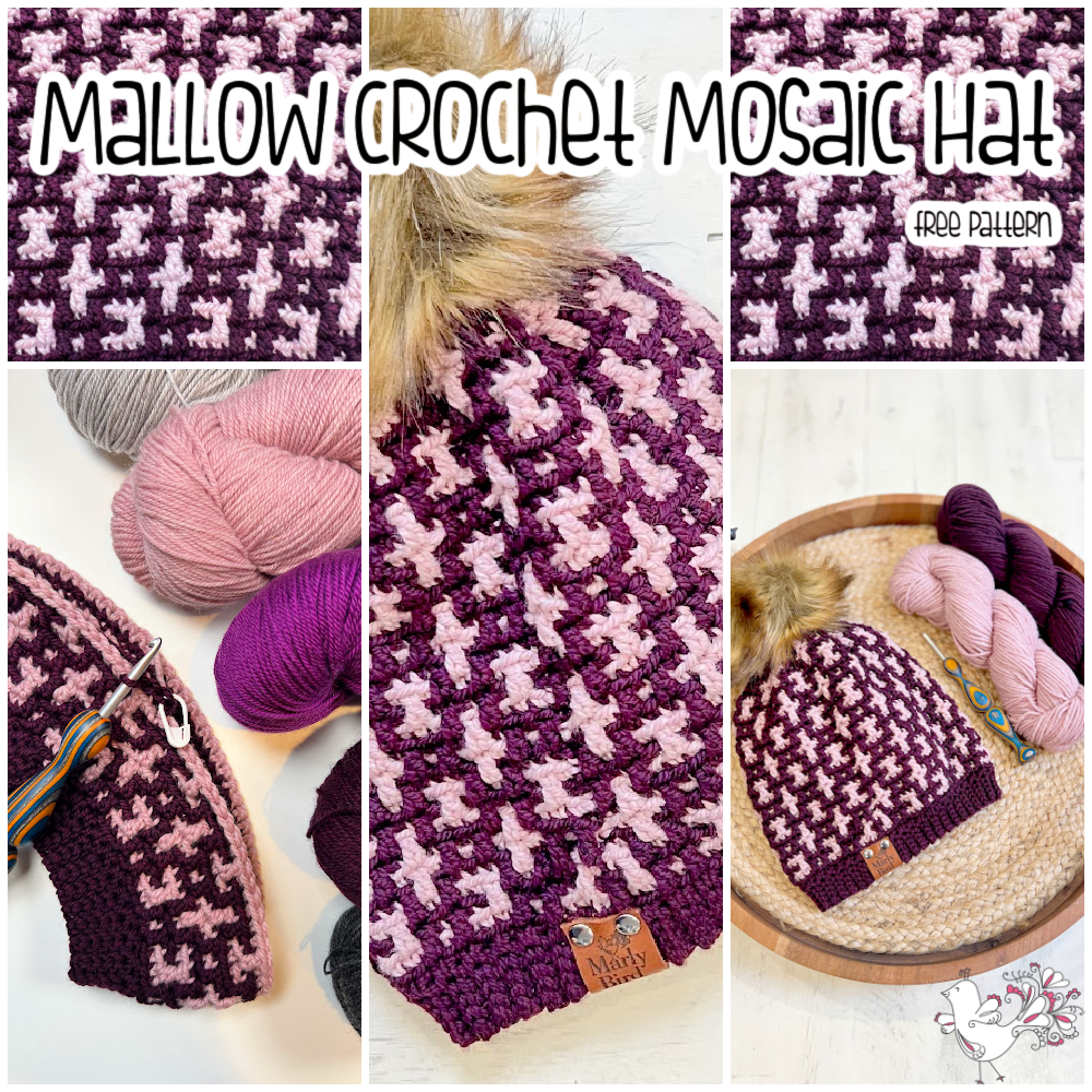 Collage featuring the Mallow Crochet Mosaic Hat, showcasing a finished hat with a faux fur pom-pom and its intricate pattern in maroon and pink. Surrounding the hat are crochet supplies, including yarn skeins in coordinating colors. Text reads "Mosaic Crochet Hat" and "Free Pattern. -Marly Bird