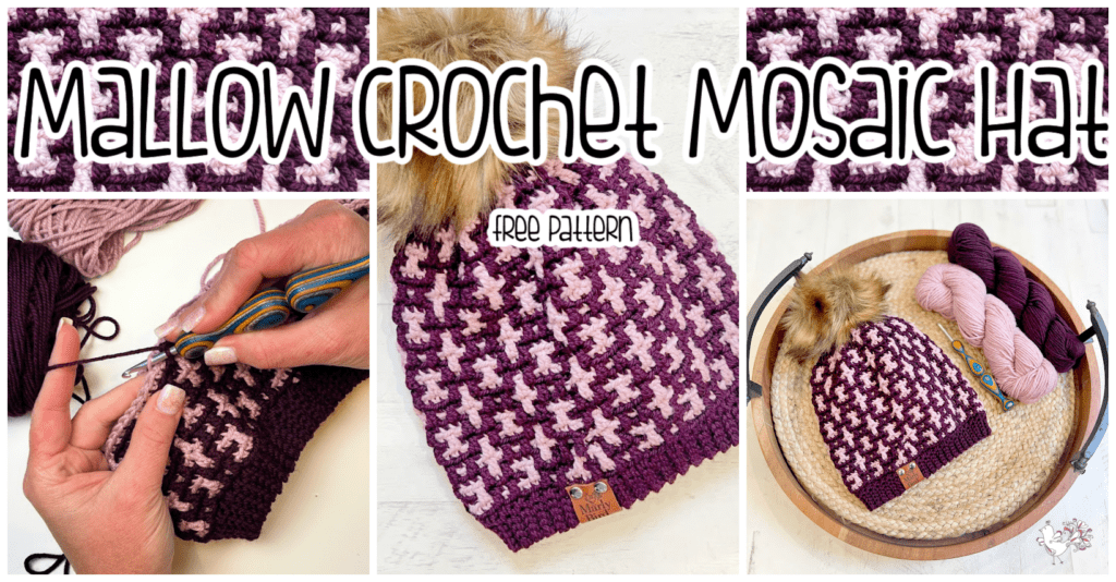 Collage of a mosaic crochet hat with a "Free Pattern" label. The main image displays a knitted hat in purple and pink patterns with a fur pom-pom on top. Adjacent images show yarn, an in-progress crocheting hand, and the finished hat in a basket with matching yarn. -Marly Bird