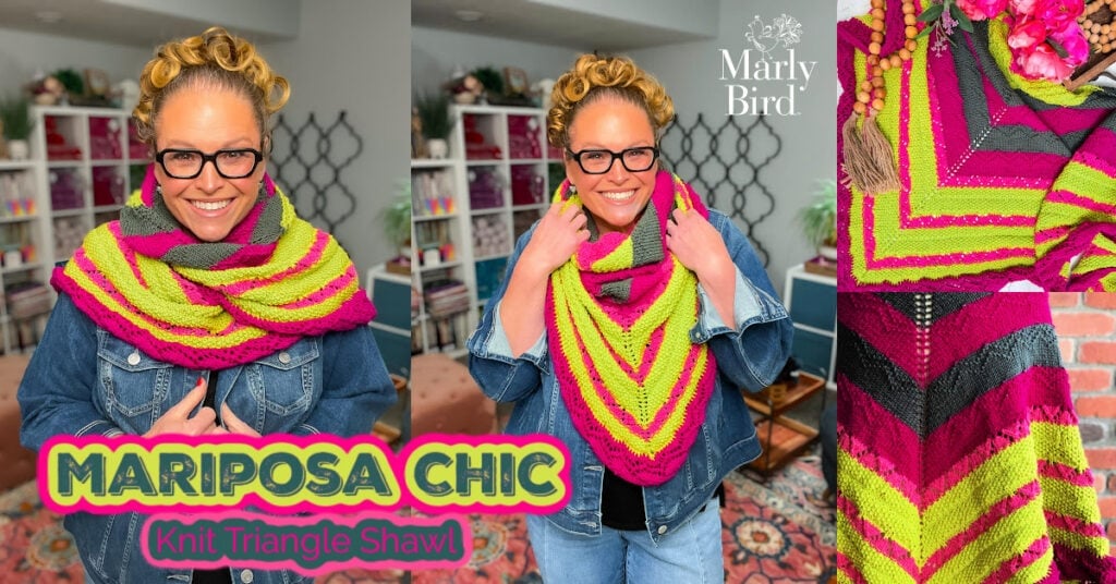 Bright knit shawl in pink, yellow, and green chevrons; worsted weight yarn. Mariposa Chic Knit Triangle Shawl.