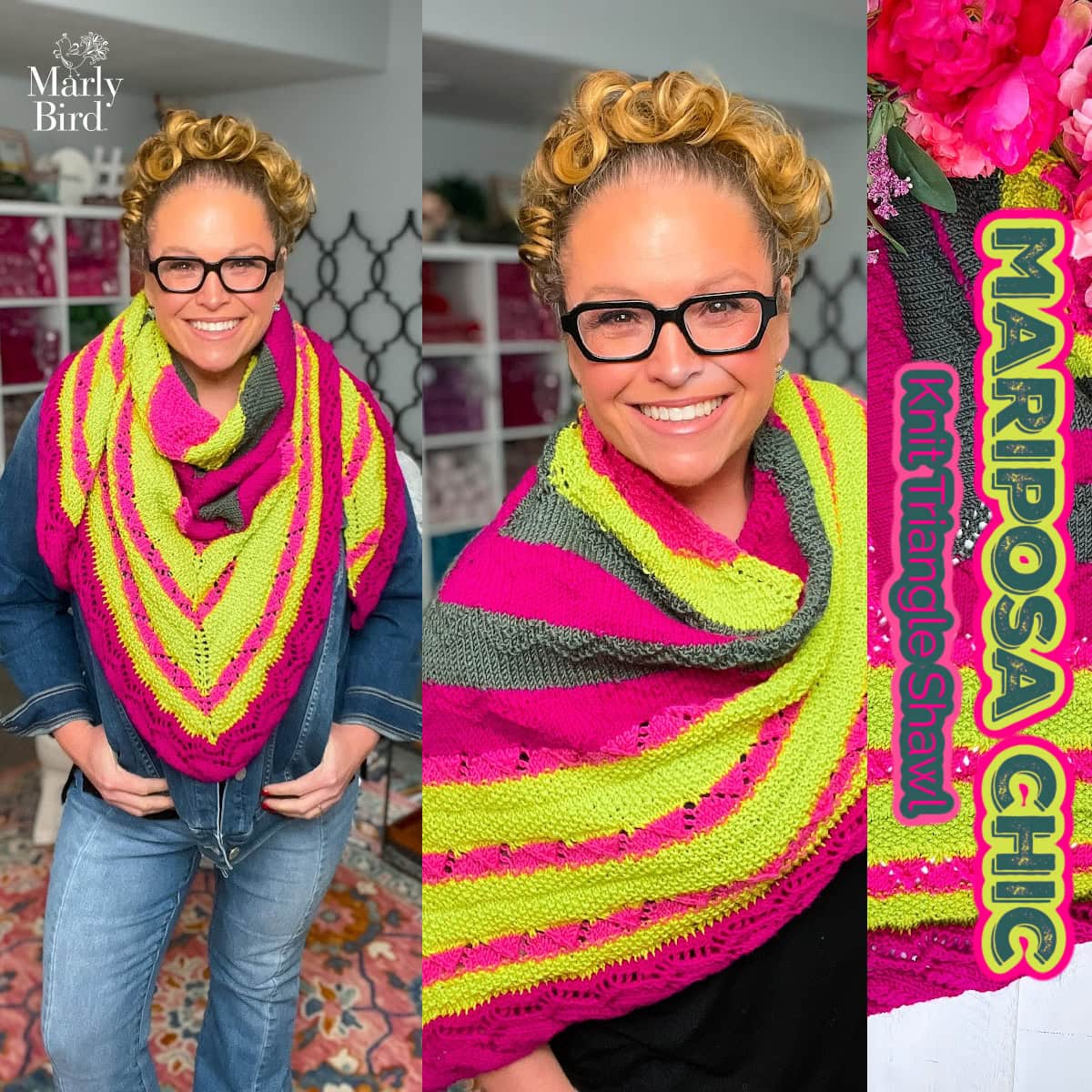 Bright, striped triangle shawl in neon pink, yellow, and green worsted yarn displayed on a smiling woman with glasses.