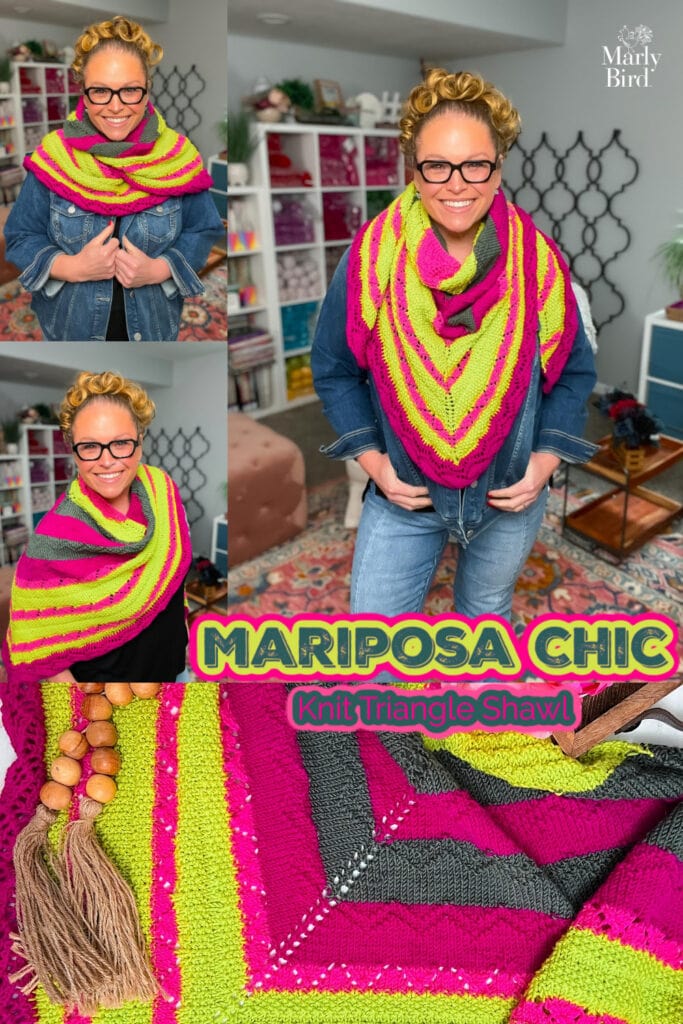 Marly Bird wears a colorful knit triangle shawl pattern called Mariposa Chic Knit Triangle Shawl -- free pattern with an ad-free pdf available for purchase.