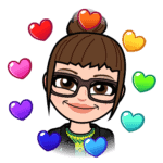 A cartoon avatar of a person with glasses and a brown bun smiles warmly. Their green shirt and black jacket add a stylish touch, while colorful hearts surround them like loving temperature blankets, stitching together an aura of love and positivity. -Marly Bird