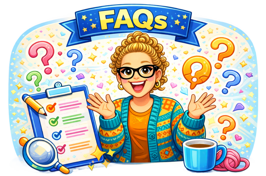 A smiling woman with curly hair and glasses is surrounded by craft tools and a “FAQs” banner, ready to help with projects.