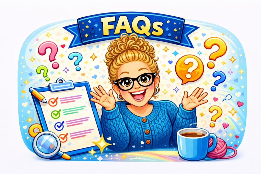 A woman with glasses gestures happily under an "FAQs" banner, surrounded by icons related to beginner crochet shawl projects.