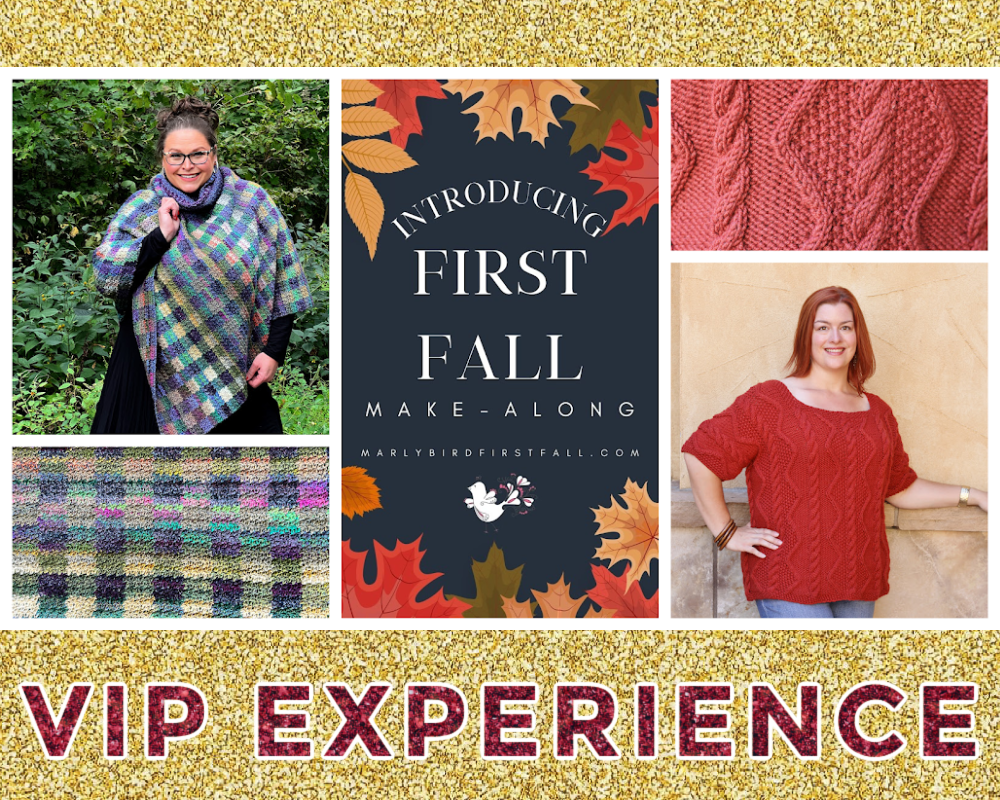 Collage of Marly Bird First Fall Make-Along 2023: Woman wearing colorful gingham plaid poncho posing in a lush green setting; central image showcasing autumn leaves and event title; close-up of intricate red knit pattern; smiling woman wearing a cozy red sweater against a neutral background; vibrant textile detail showing a blend of colors; bold 'VIP EXPERIENCE' text on a glittery gold background - Marly Bird