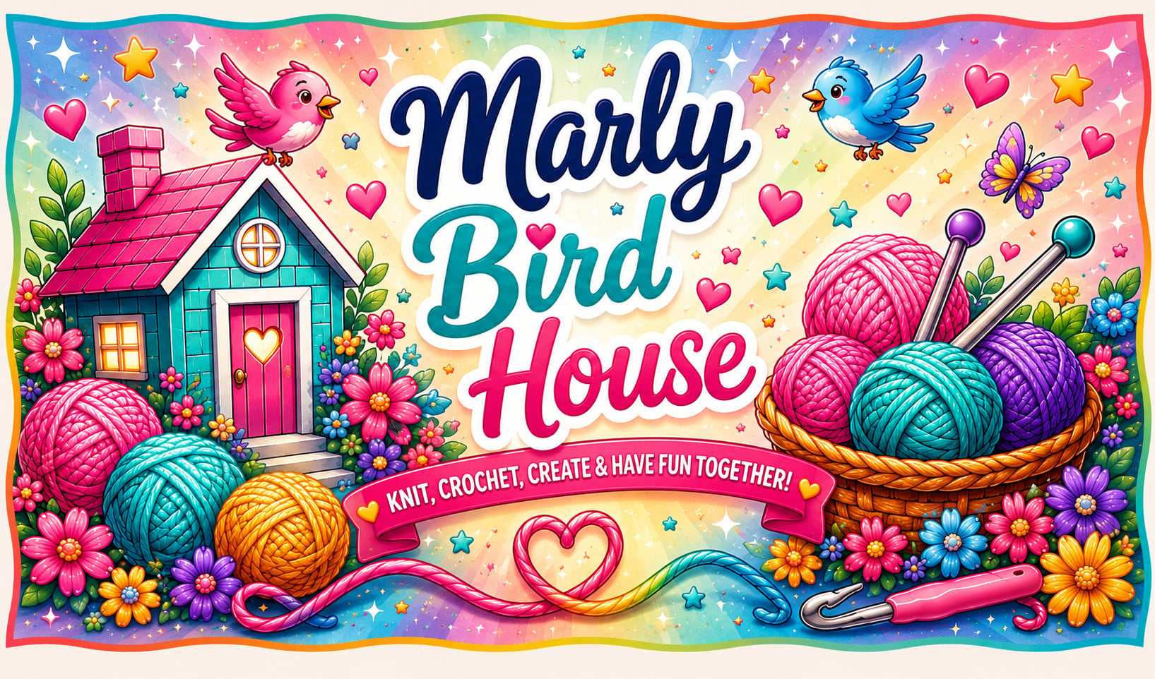 Illustration of a cozy house surrounded by yarn balls, crochet hook, flowers, and birds; Marly Bird House project theme.