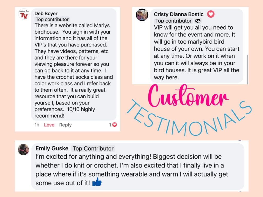 A collage displays three positive customer testimonials about Marlys birdhouse VIP and its value for knitters, crocheters, and Prism Make-Along participants. The words “Customer Testimonials” appear in large, colorful text on the image. -Marly Bird