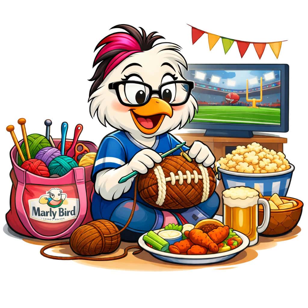 A cartoon bird with glasses crochets a textured football-shaped item, surrounded by yarn, snacks, and popcorn.